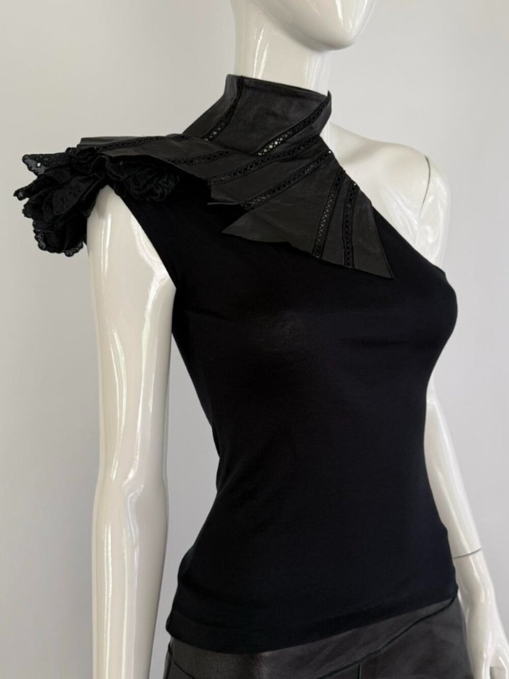 Archival 00s Leather & Eyelet One Shoulder Ruffle Top Japanese Vintage